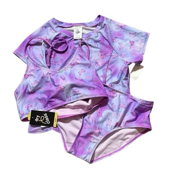 Girls Sweet Flutter Tie-Dye Rash Guard 3 Piece Set Swimsuit Violet XXL New - Picture 5 of 5